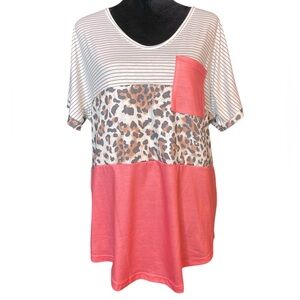 Striped and Leopard Print Color Block Top